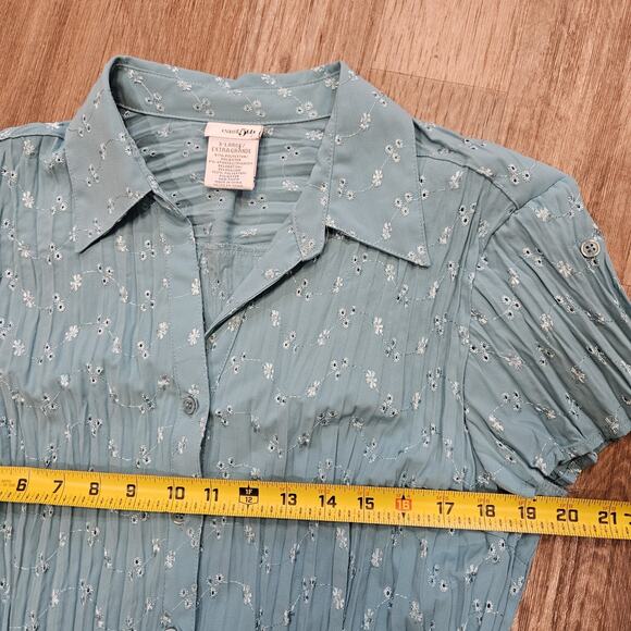 Y2K Floral Babydoll Blouse Women XL Blue Embroidered Short Sleeve Fairycore Boho - Picture 8 of 9